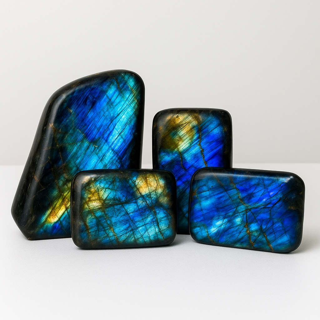 Four labradorite stones with blue and green patterns on a white background