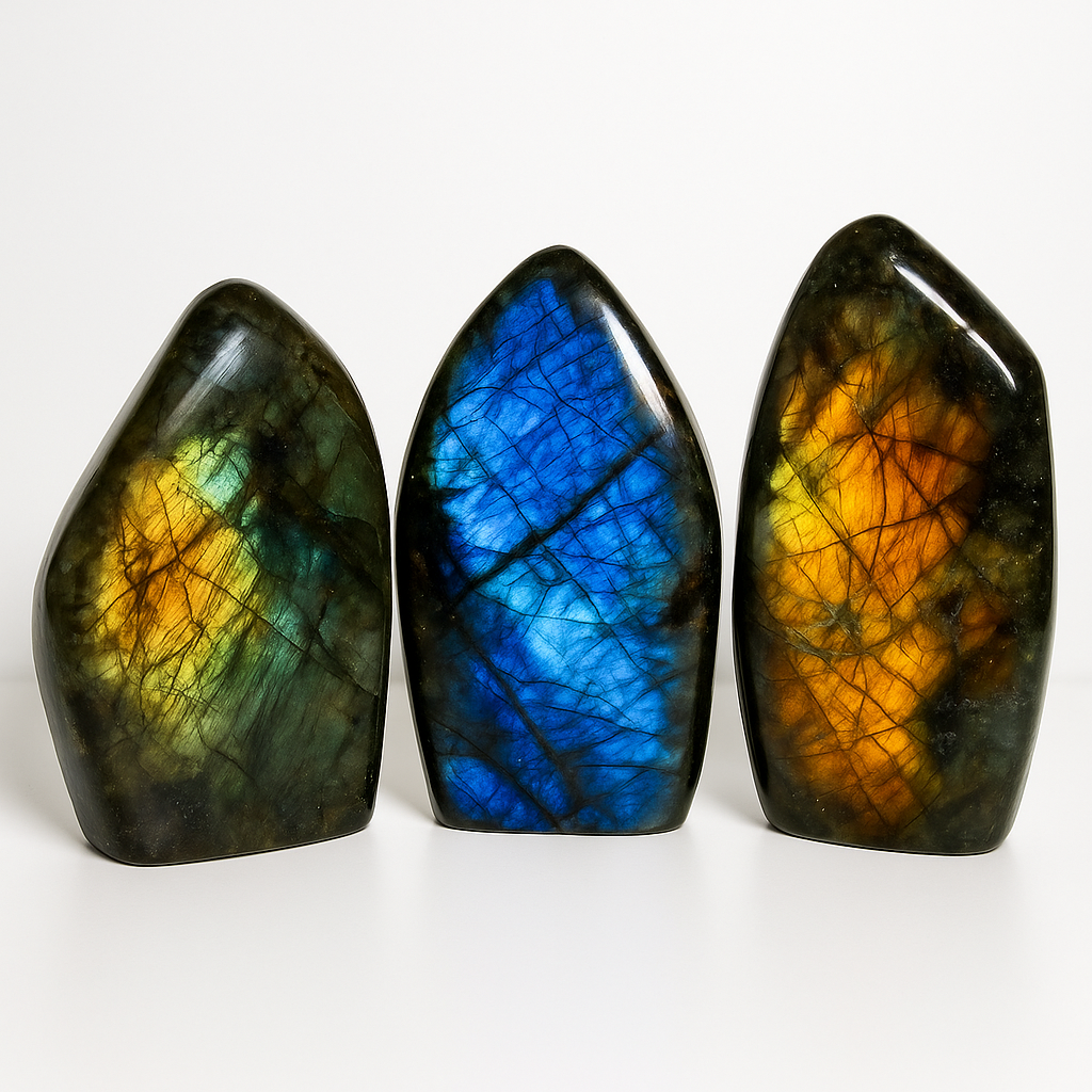 Three labradorite stones with colorful patterns on a white background