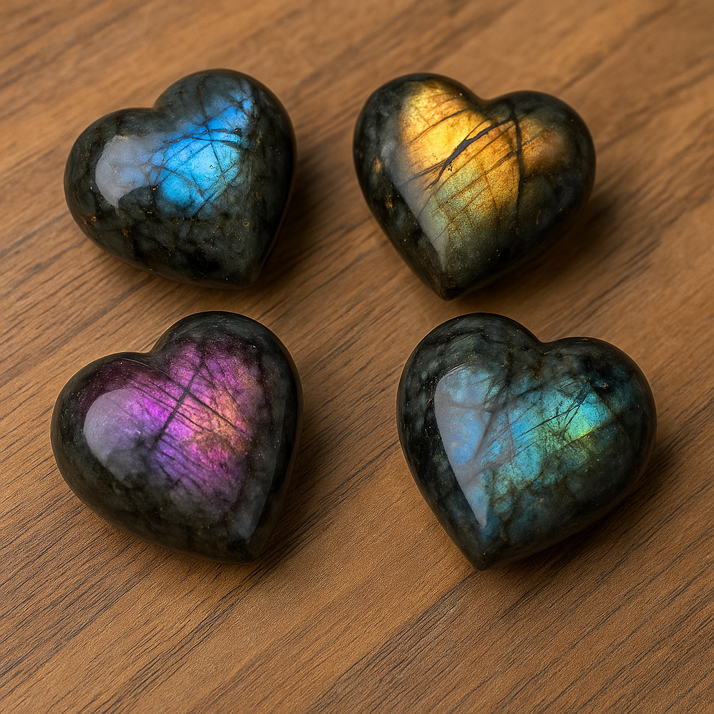Grade A Labradorite Heart Bundle – Set of 4 Polished Flashy Crystal Hearts