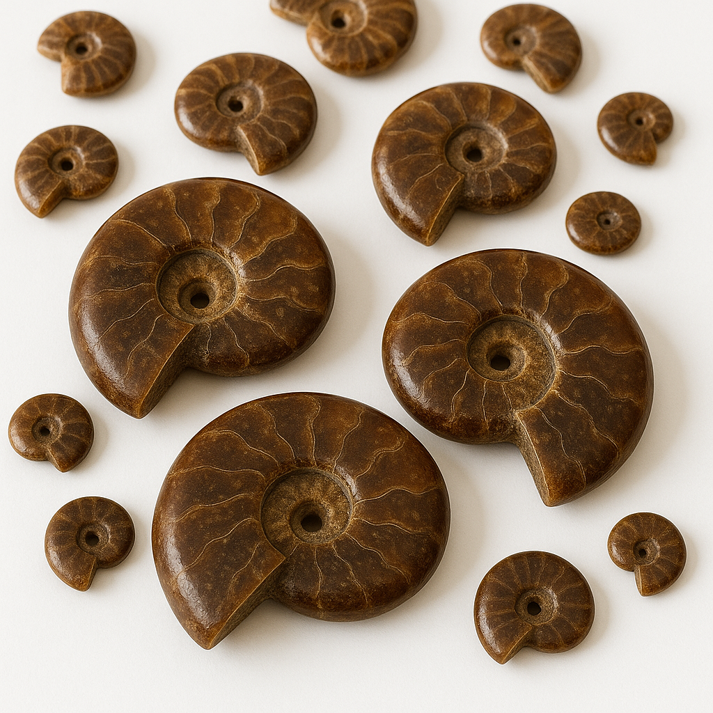 Brown ammonite fossils on a white background