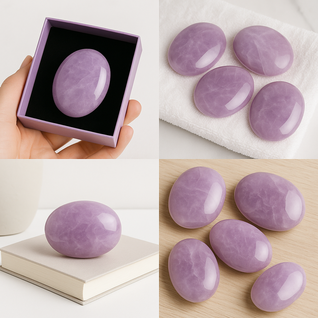 Collage of purple stones, one in a box, on a towel, and on a book.