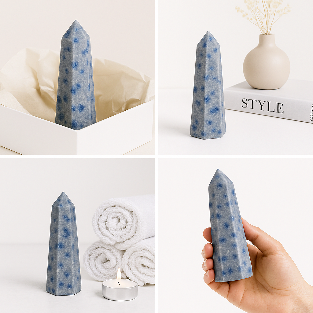 Collage of a blue and white speckled crystal tower in various settings.