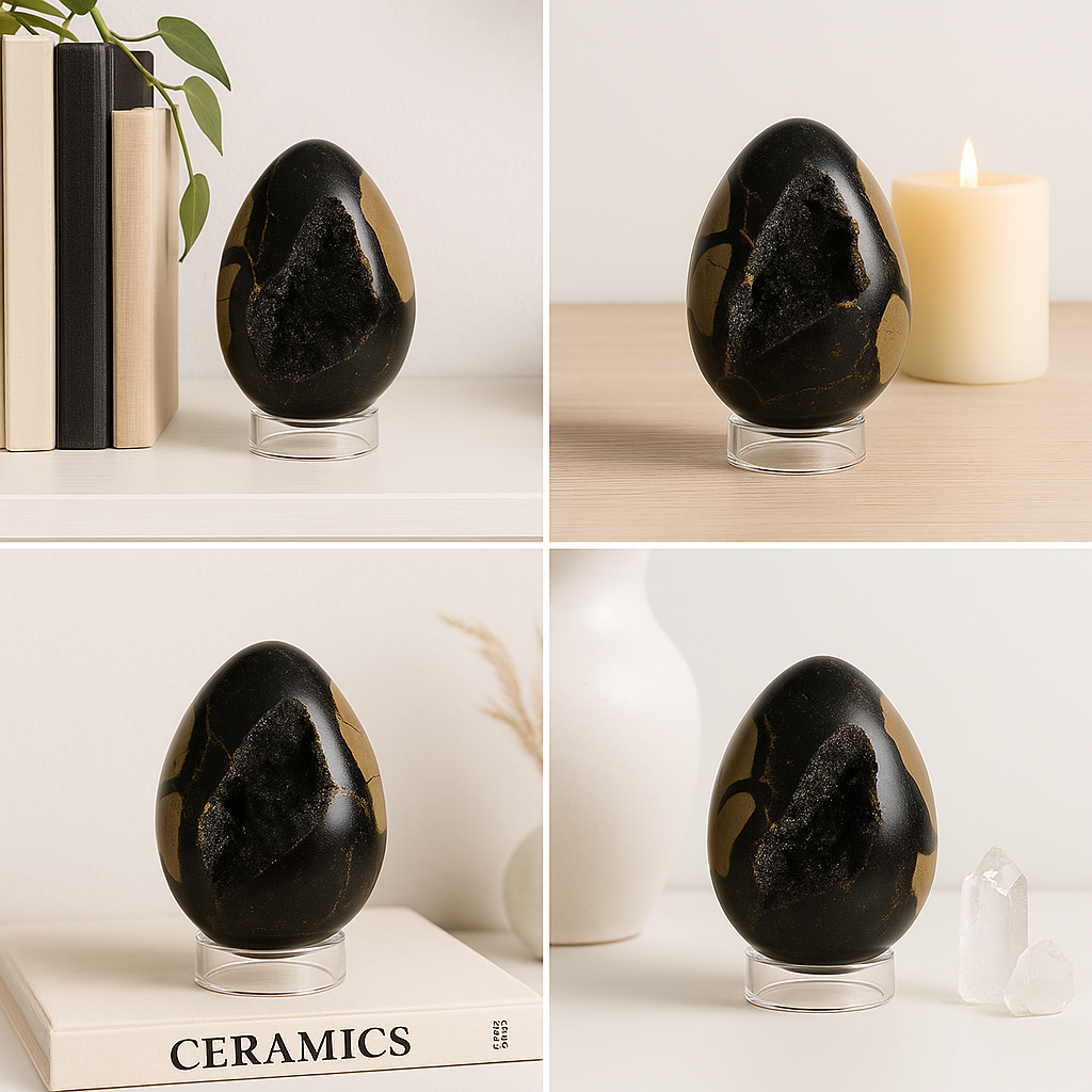 Black and gold ceramic egg-shaped object on a clear stand in various settings.