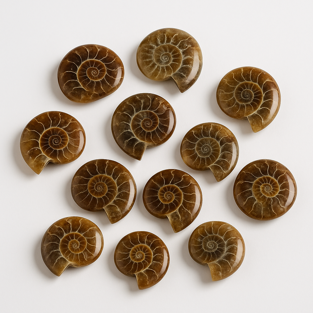 Ammonite fossils arranged in a grid on a white background