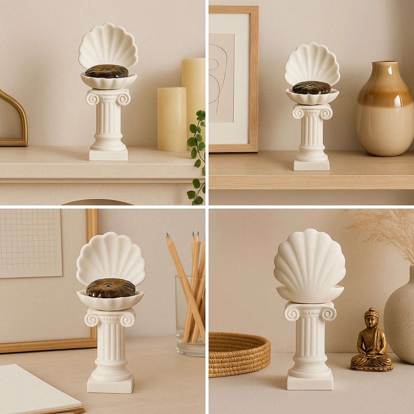 Roman Column Clam Shell Crystal Holder – White Stone - Like Marble Pedestal Display by KREATEUR Studio (Beta) - KREATEUR MIAMI