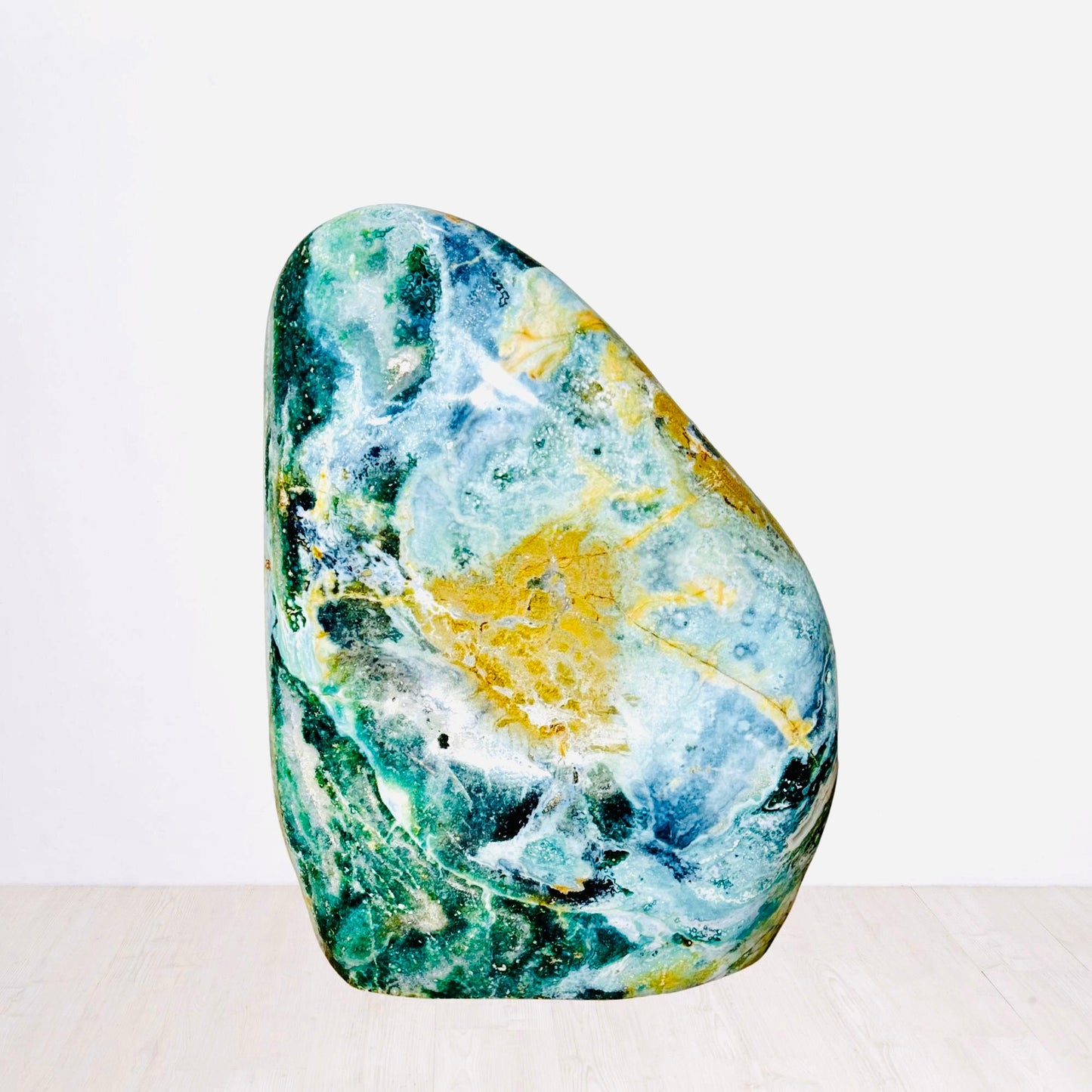 XL Polished Ocean Jasper Freeform – Cascading Green & Golden Veins (62.2 lbs / 28.2 KG) – Natural Stone for Home Decor & Spiritual Balance - KREATEUR MIAMI