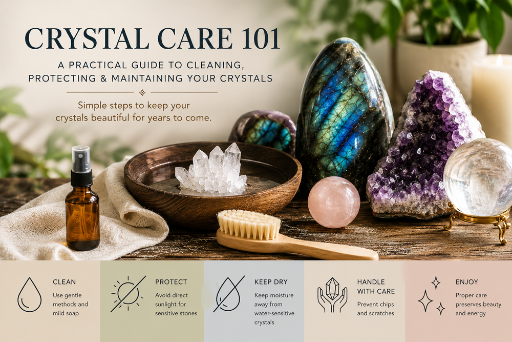 Crystal care tools and mineral specimens for a cleaning and maintenance guide