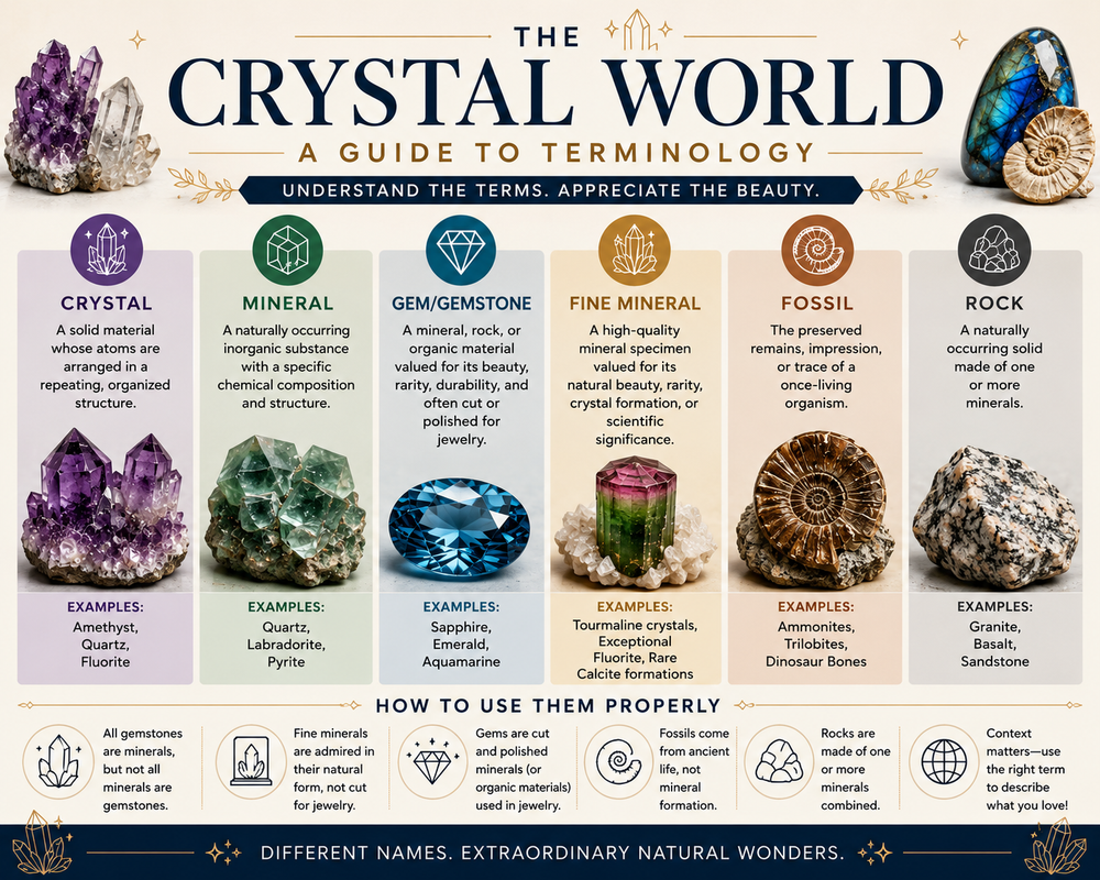 Crystal, gemstone, mineral, fossil, and rock comparison guide