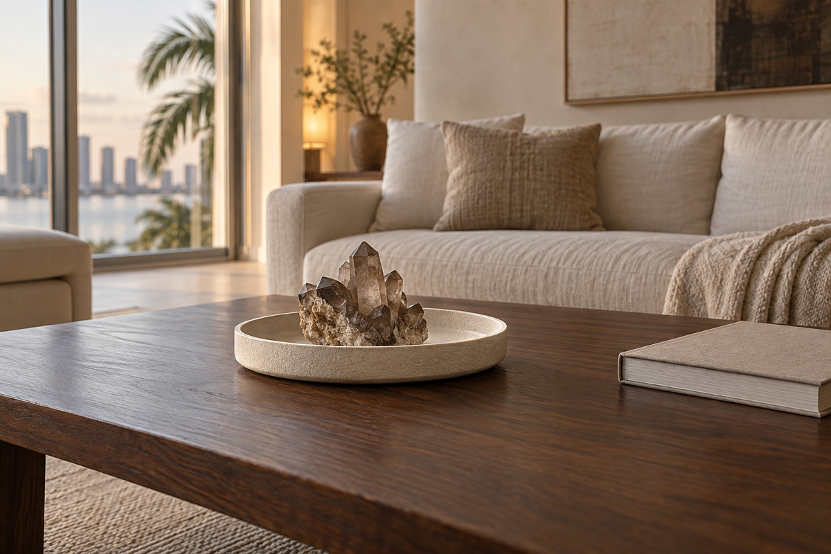 AI-generated editorial illustration of a smoky quartz cluster on a ceramic tray in an uncluttered Miami-inspired living room.