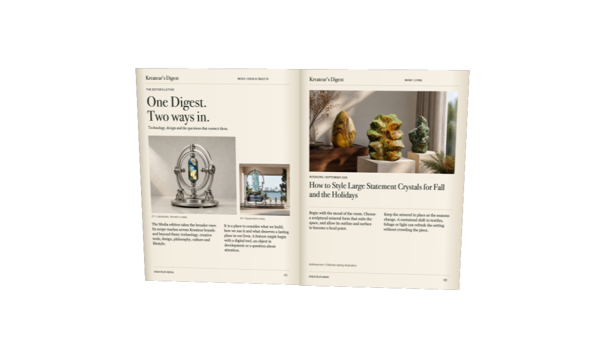 Open Kreateur’s Digest magazine pairing Media design studies with Miami crystal interiors to introduce the two editions