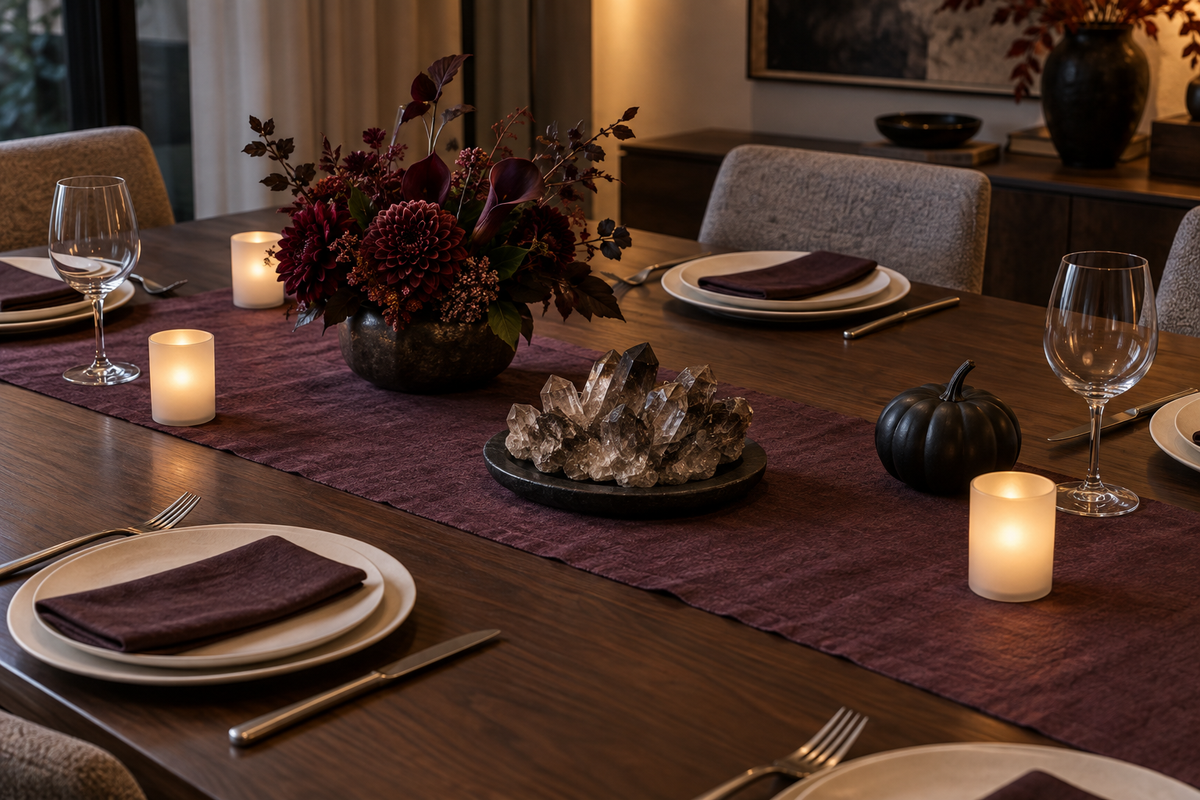 AI-generated editorial illustration of a Halloween table with smoky quartz on a display dish, burgundy flowers, a black pumpkin and flameless lights.