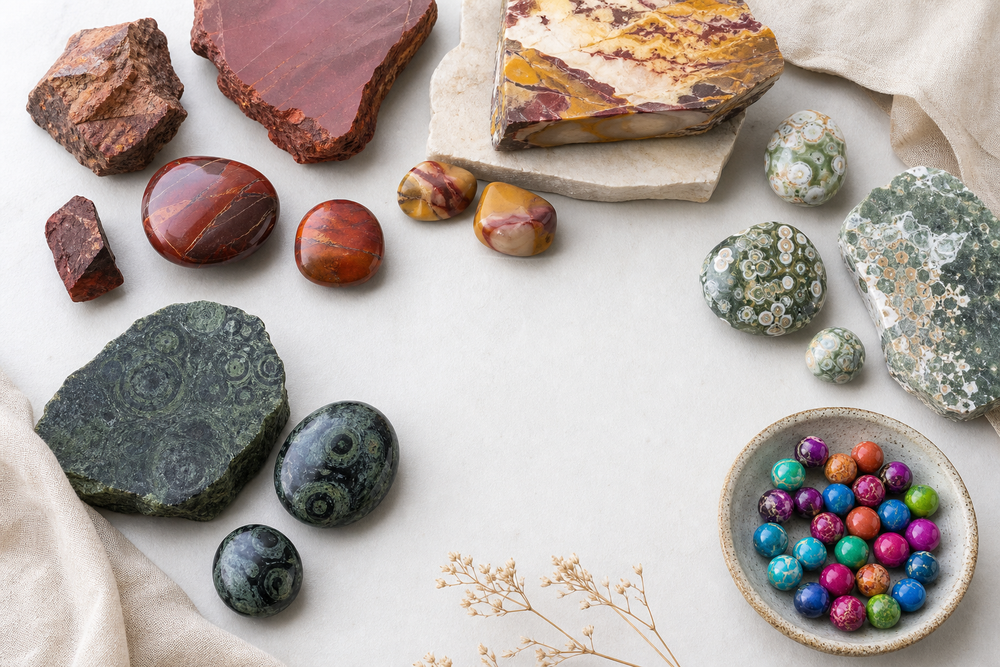 Flat lay of true jasper, Mookaite, Ocean Jasper, Kambaba Jasper, and colorful sea sediment jasper beads for a Kreateur's Digest identification guide
