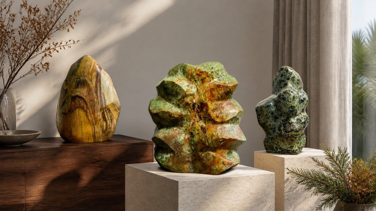 Three large polished mineral sculptures in a refined interior with warm fall light, walnut, stone plinths, dried foliage, and evergreen accents