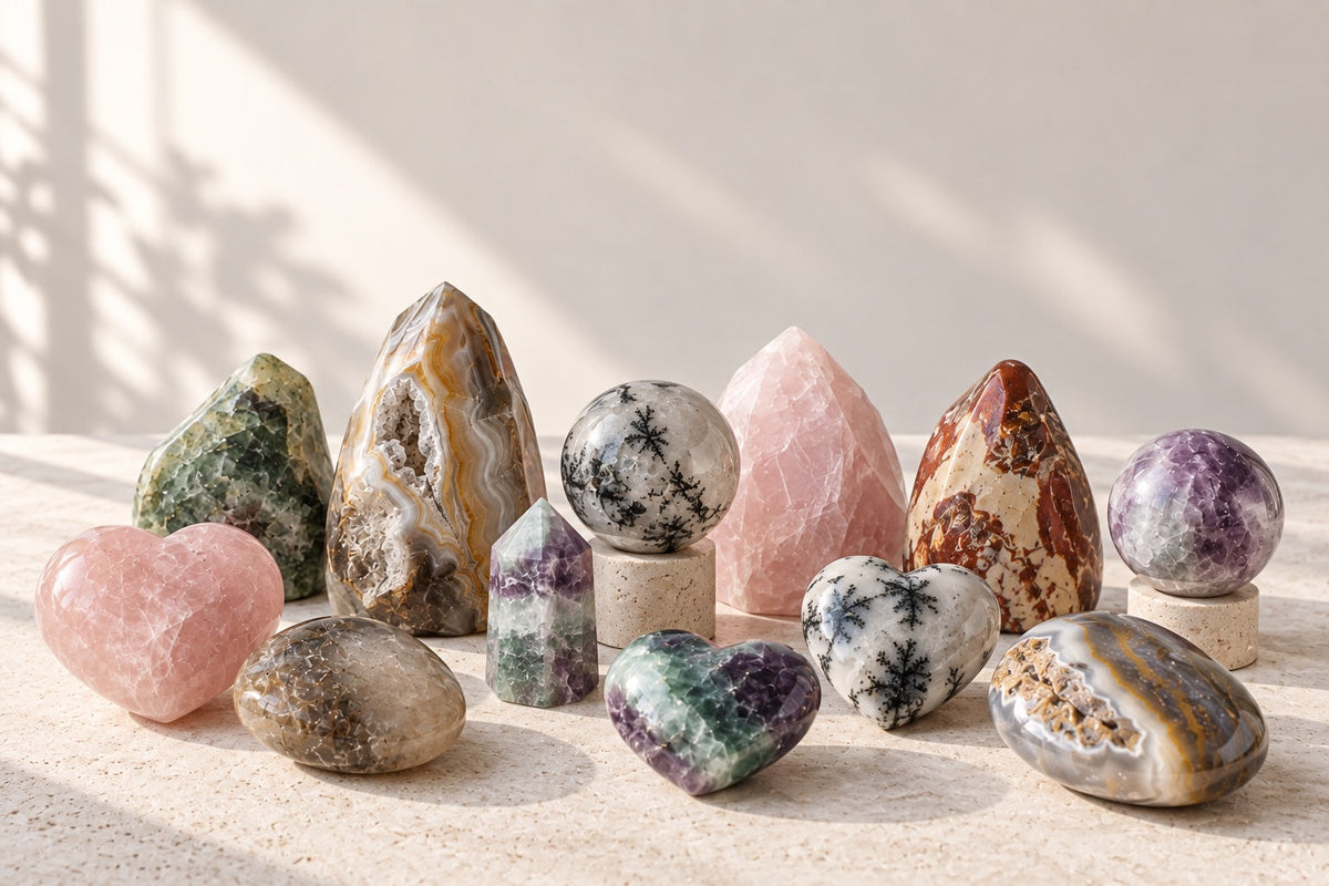 Editorial arrangement of mixed agate shapes, quartz palm stones, carved hearts and spheres illustrating KREATEUR MIAMI's 5 KG wholesale crystal lots