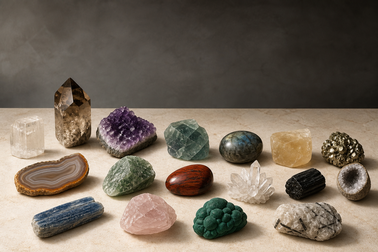 Organized collection of diverse natural mineral specimens representing KREATEUR’s free Crystal Library