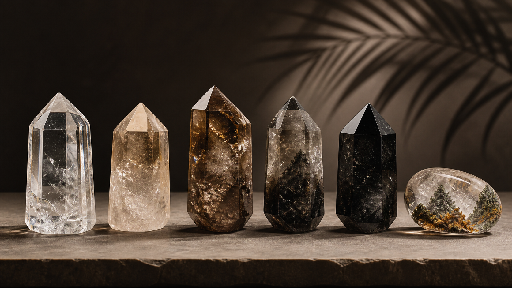 Editorial illustration comparing rock crystal, smoky quartz, phantom quartz, and included garden quartz