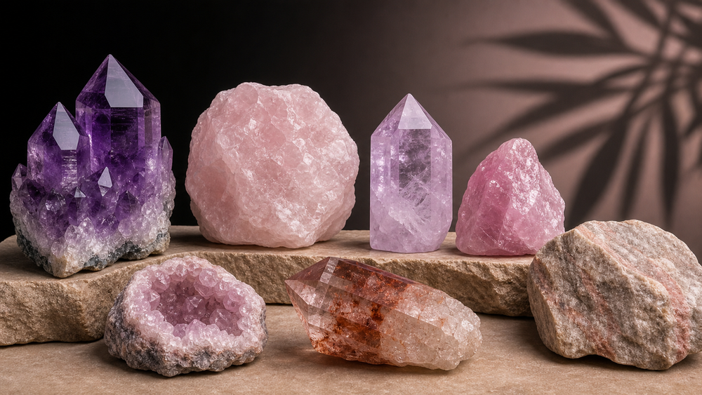 Editorial illustration comparing amethyst, rose quartz, pink amethyst, hematoid quartz, and quartzite