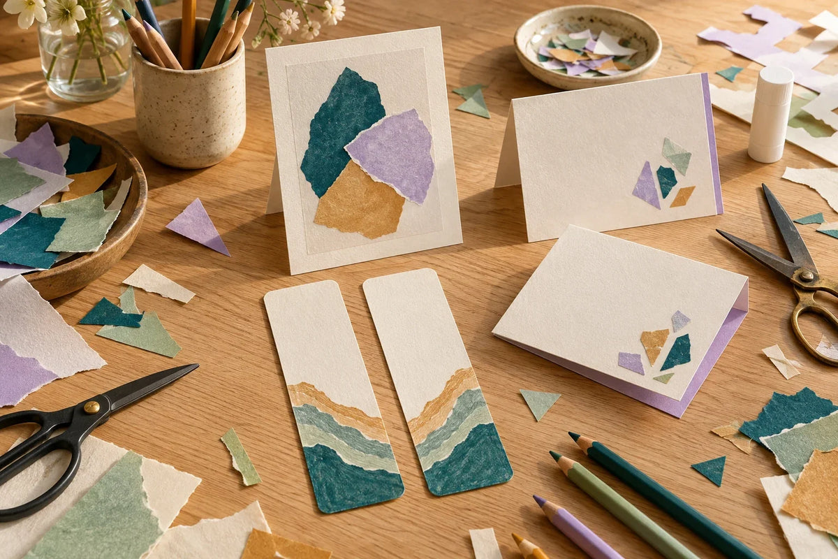 Illustrative craft-night scene with mineral-band paper bookmarks, folded cards, and a small teal, lavender, and ochre paper collage.