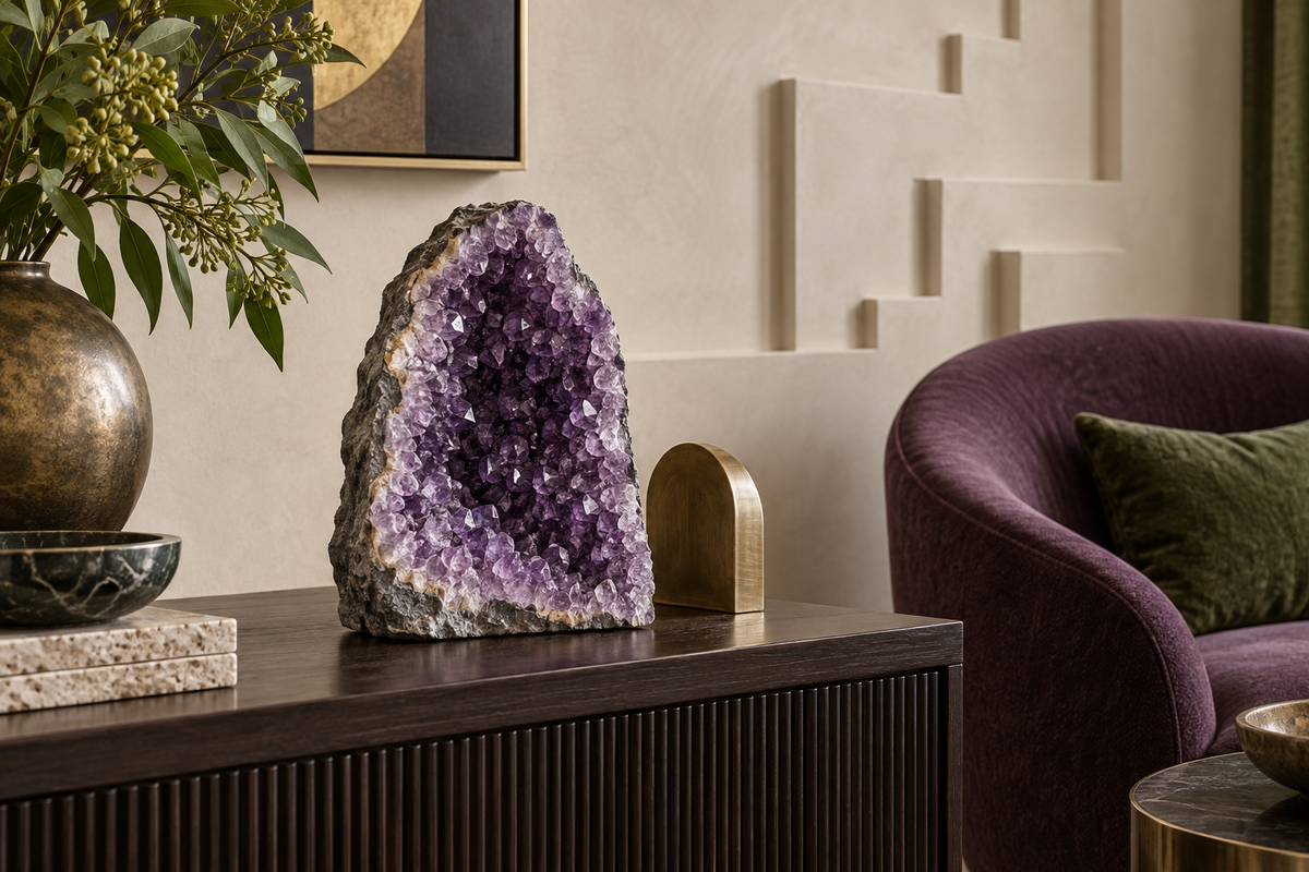 AI-generated editorial illustration of an amethyst geode on dark wood with a brass accent, plum chair and geometric wall relief.