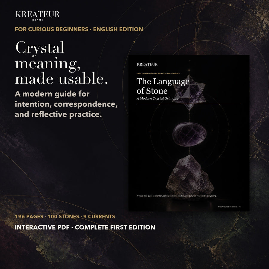 The Language of Stone: A Modern Crystal Grimoire actual cover beside accessible beginner-focused copy, with 196 pages, 100 stones, nine Currents, and interactive PDF details.
