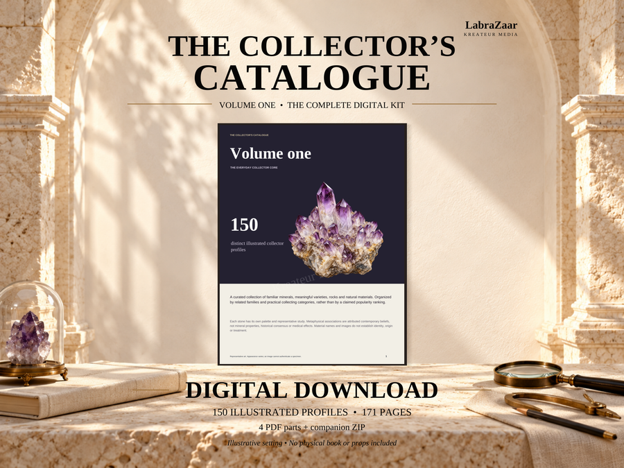Crystal Collector Catalogue Volume 1 digital kit, 150 illustrated profiles and collection recordkeeping tools, shown in a scenic editorial mockup; no physical item included.