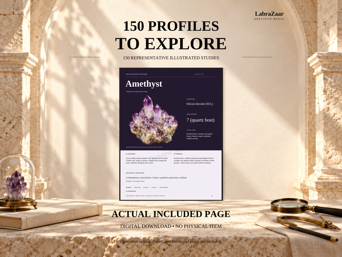 Crystal Collector Catalogue Vol 1: 150 Illustrated Profiles, Mineral Reference PDF, Excel Tracker &amp; Specimen Forms, Commercial Use — contenido multimedia del producto 2