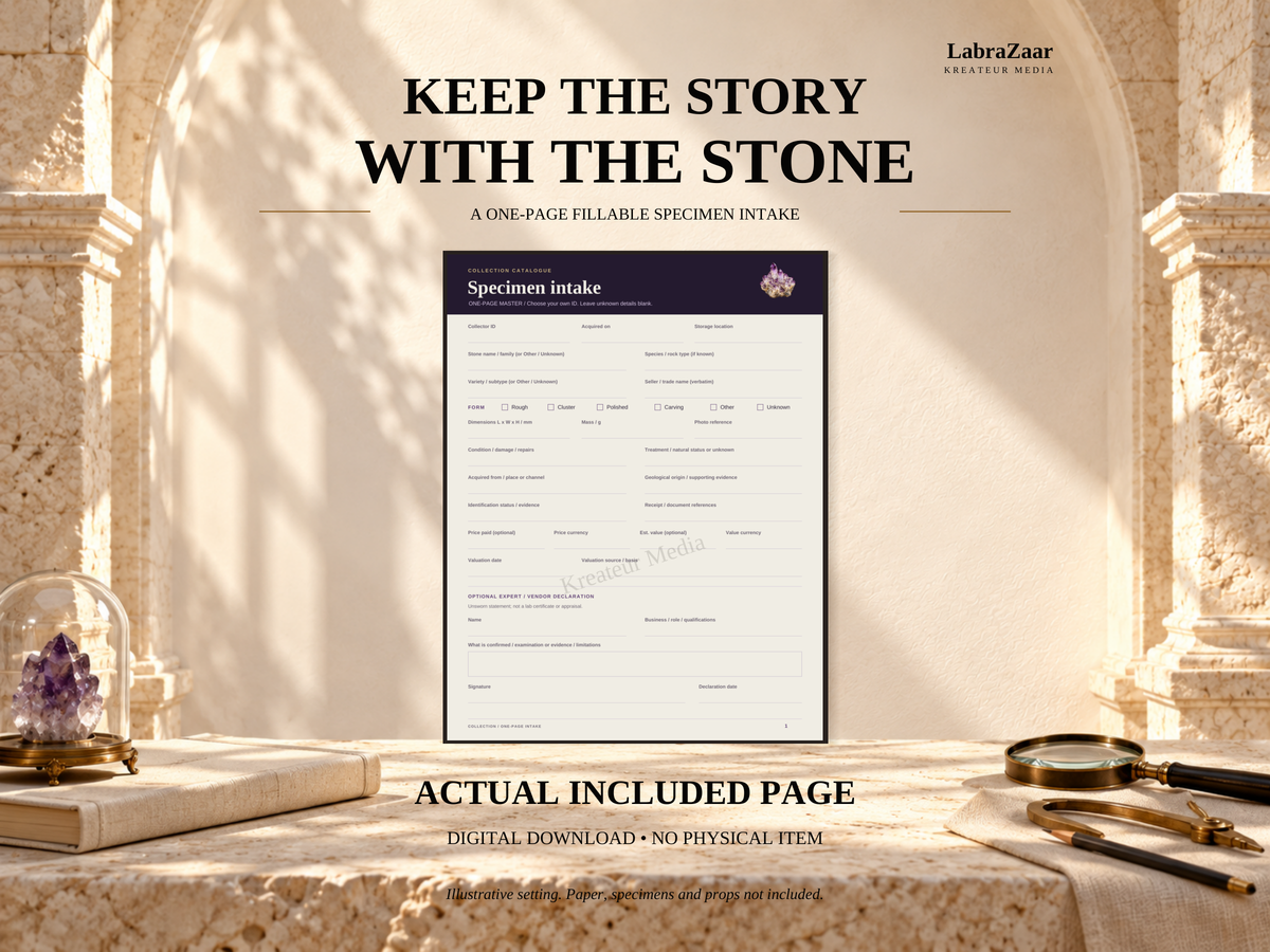 Crystal Collector Catalogue Vol 1: 150 Illustrated Profiles, Mineral Reference PDF, Excel Tracker &amp; Specimen Forms, Commercial Use — contenido multimedia del producto 3