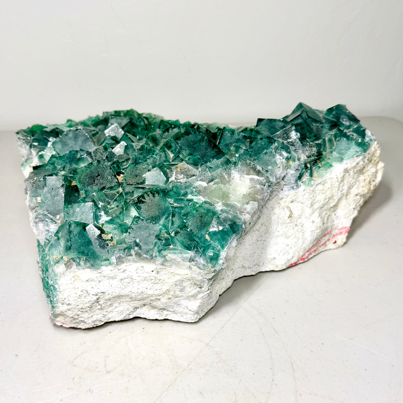 XL green fluorite cluster with frosted cubic crystals, front view