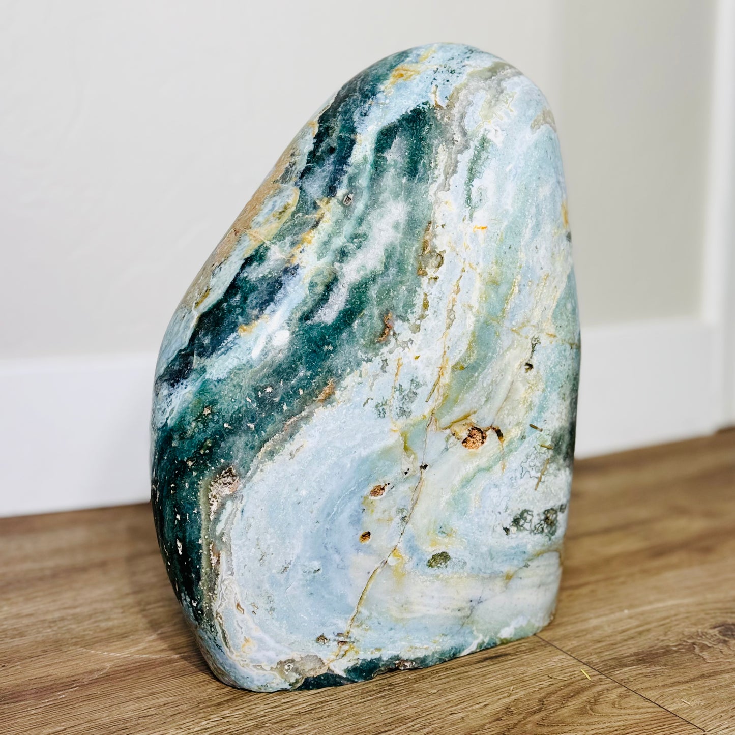 XL Polished Ocean Jasper Freeform – Cascading Green & Golden Veins (62.2 lbs / 28.2 KG) – Natural Stone for Home Decor & Spiritual Balance