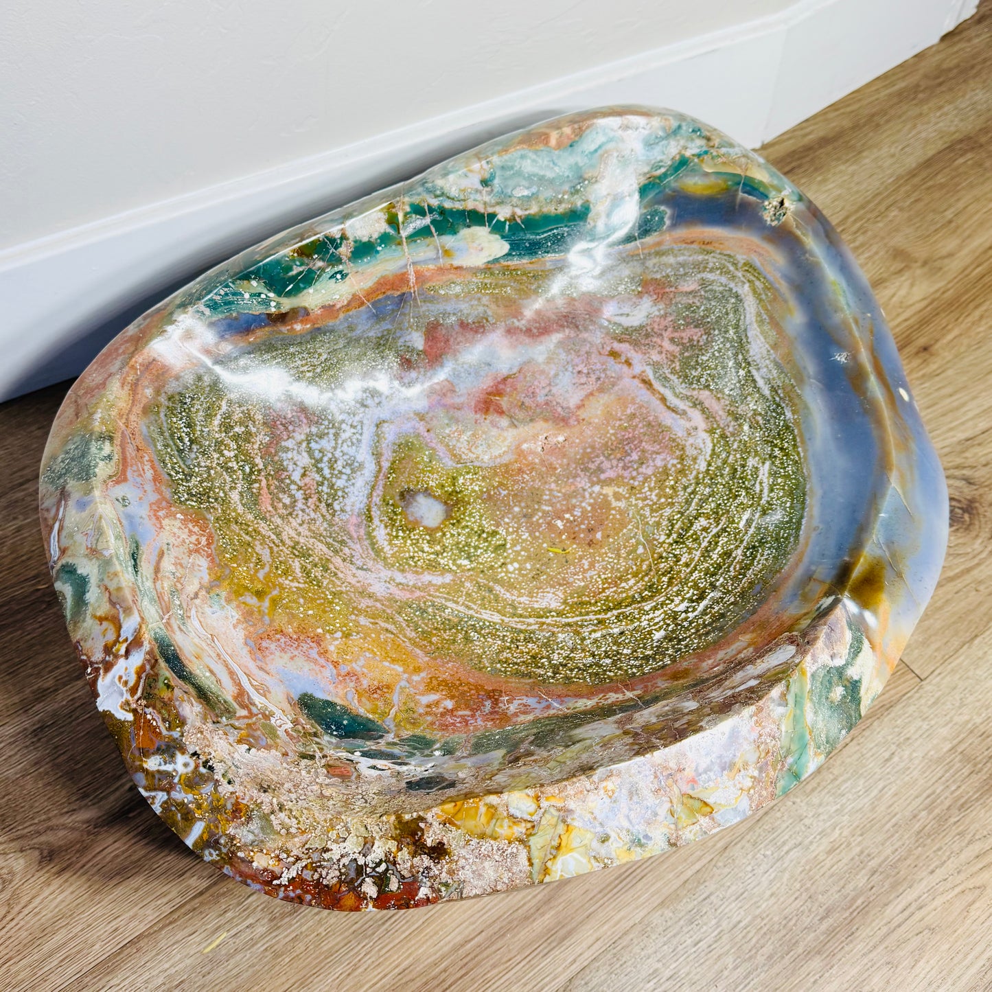 Large Polished Ocean Jasper Carved Bowl – Multicolored Hues & Smooth Finish (85 lbs / 38.5 KG) – Unique Crystal for Home Decor & Meditation