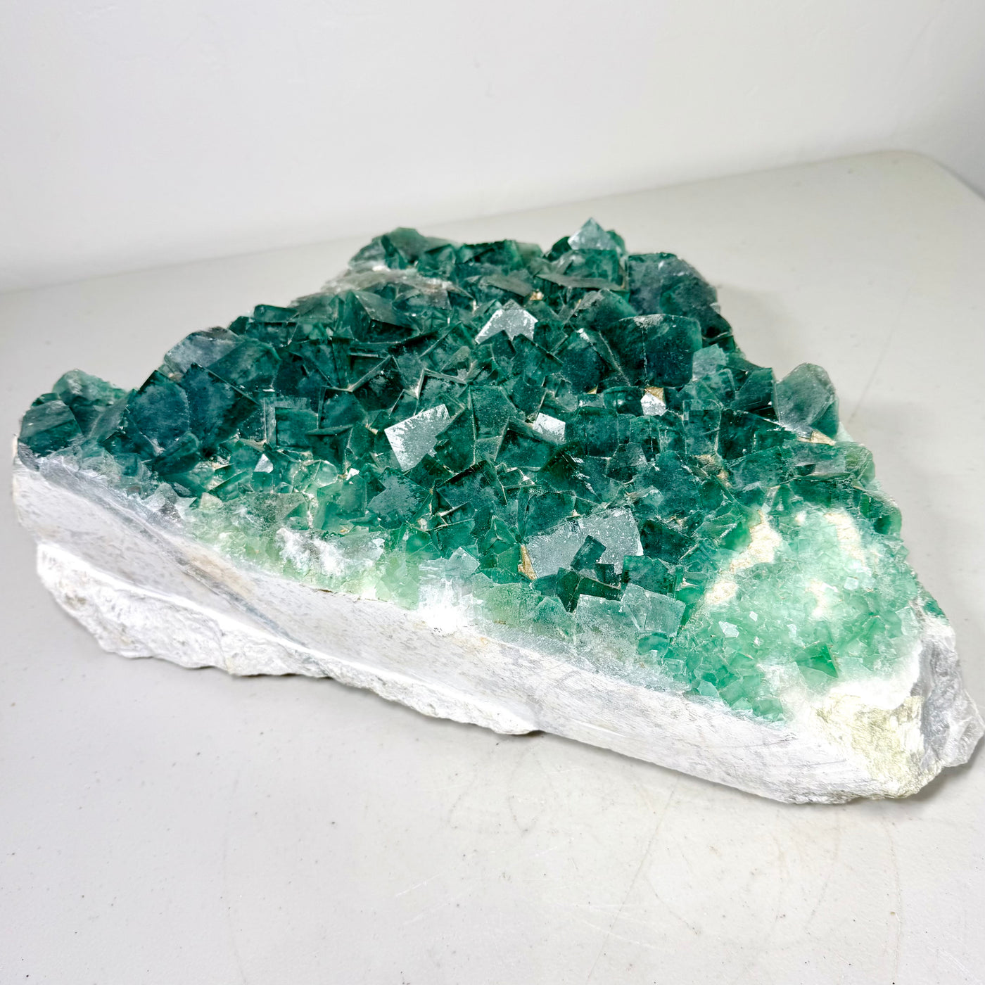 XL green fluorite cluster, elevated view