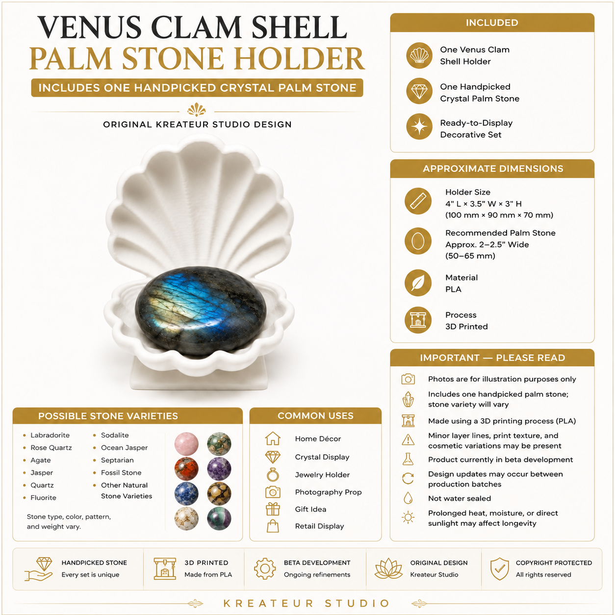 Support de Pierre de Palmier Coquillage Vénus Original (Ensemble de 2 pièces) – Décoration Maison Côtière Imprimée 3D Blanche | Pierres de Palmier Optionnelles Incluses