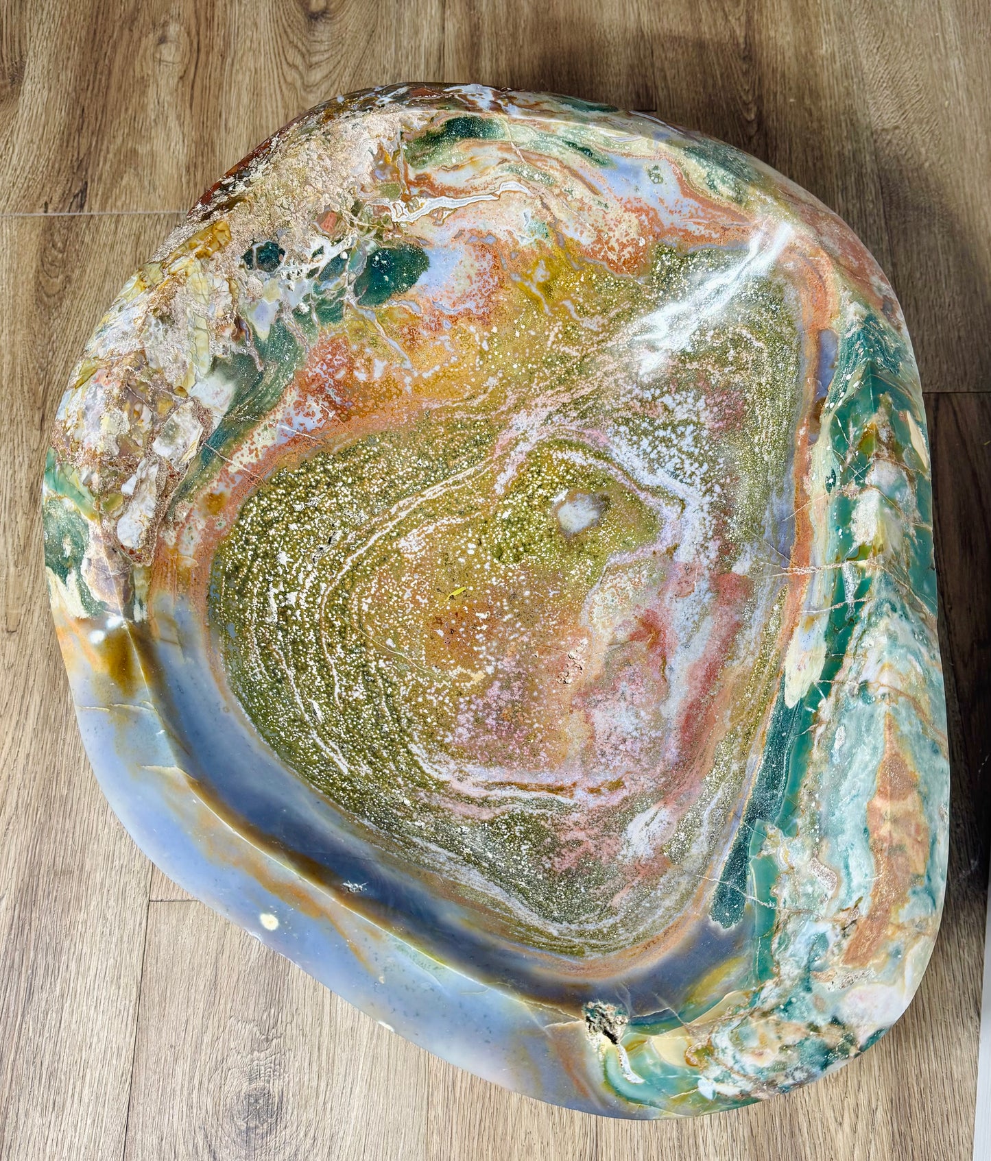 Large Polished Ocean Jasper Carved Bowl – Multicolored Hues & Smooth Finish (85 lbs / 38.5 KG) – Unique Crystal for Home Decor & Meditation