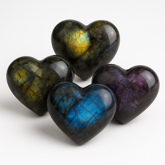 Grade A Labradorite Heart Bundle – Set of 4 Polished Flashy Crystal Hearts