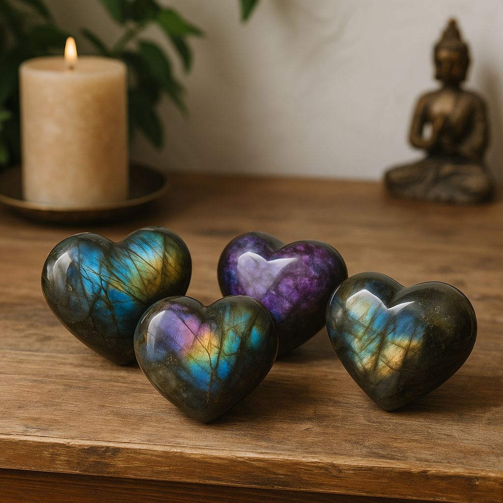 Grade A Labradorite Heart Bundle – Set of 4 Polished Flashy Crystal Hearts