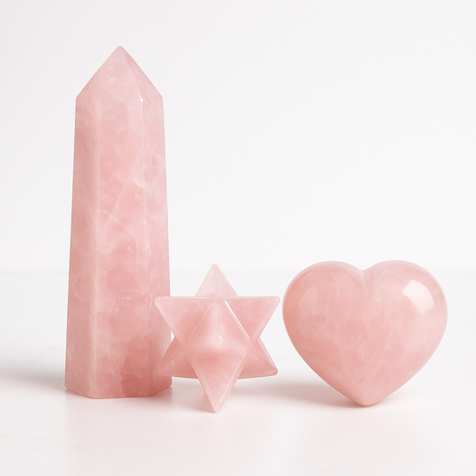 Rose Quartz Crystal Set – Tower, Merkaba & 3D Heart Trio