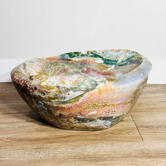 Large Polished Ocean Jasper Carved Bowl – Multicolored Hues & Smooth Finish (85 lbs / 38.5 KG) – Unique Crystal for Home Decor & Meditation