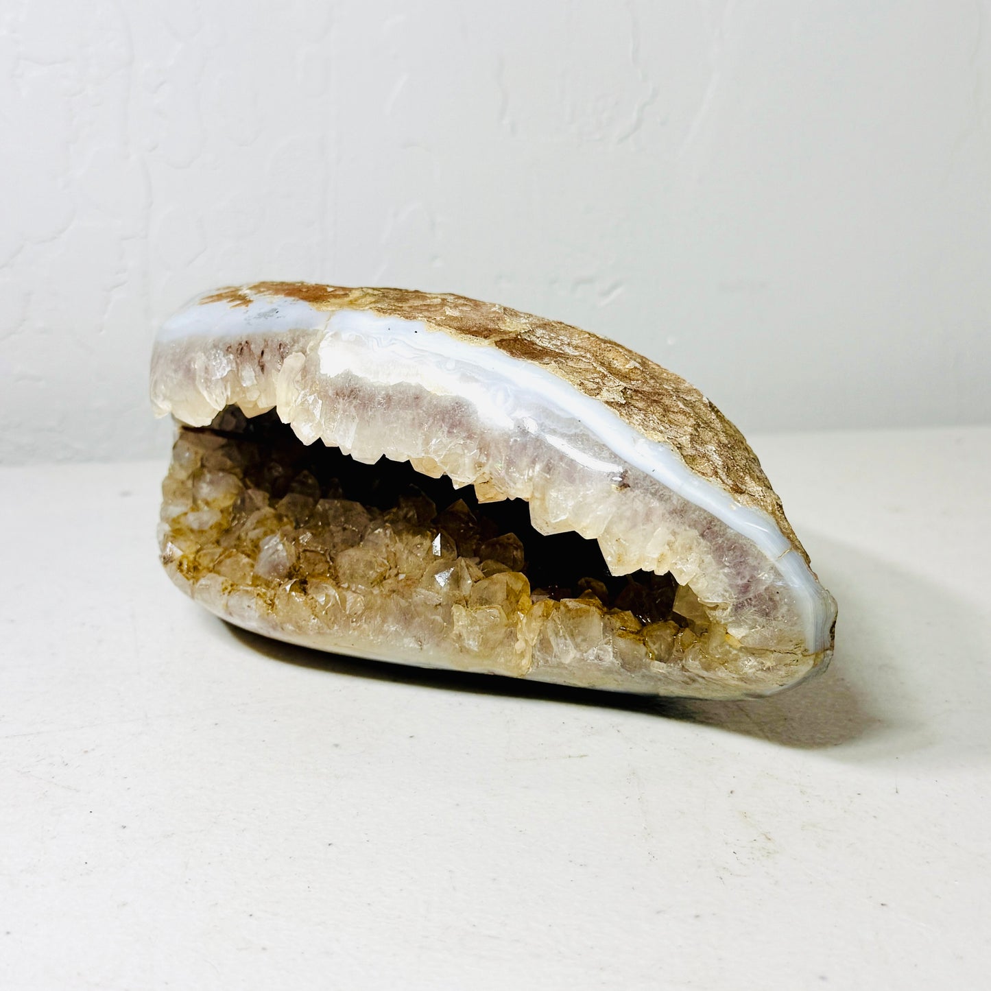 White Agate Geode with Wide Druzy Cavity & Translucent Crystals – 3.1 lbs Statement Freeform