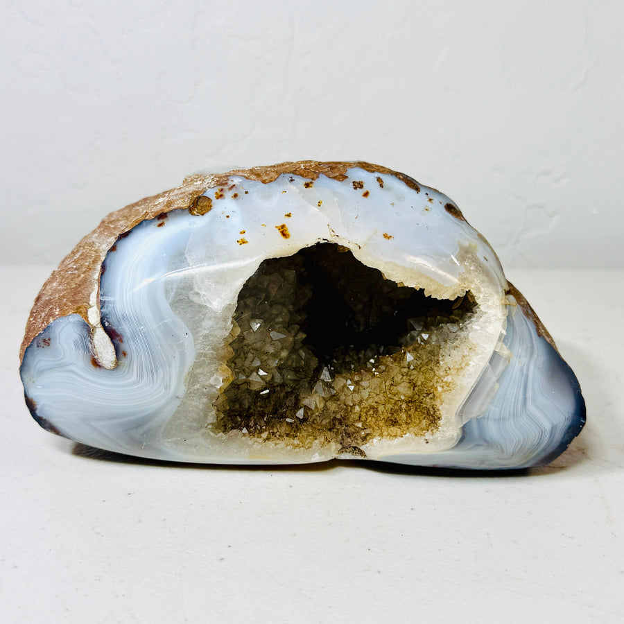 Chunky White Agate Geode Freeform with Natural Quartz Druzy Cavity — 4.7 lb Statement Specimen - KREATEUR Miami crystal product card