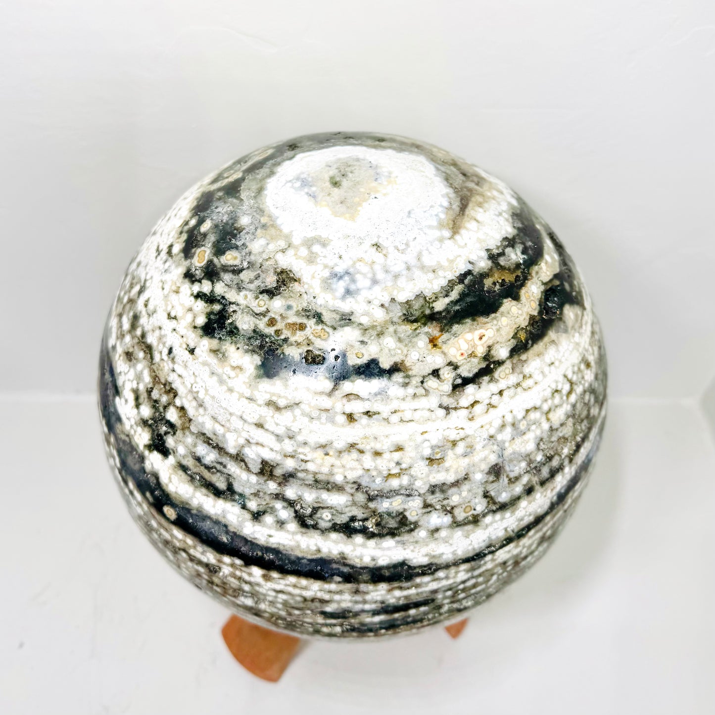 Rare 10-Inch Ocean Jasper Sphere – Dark Green & White Orbicular Patterns with Natural Cavities – Luxury Collectible & Statement Décor