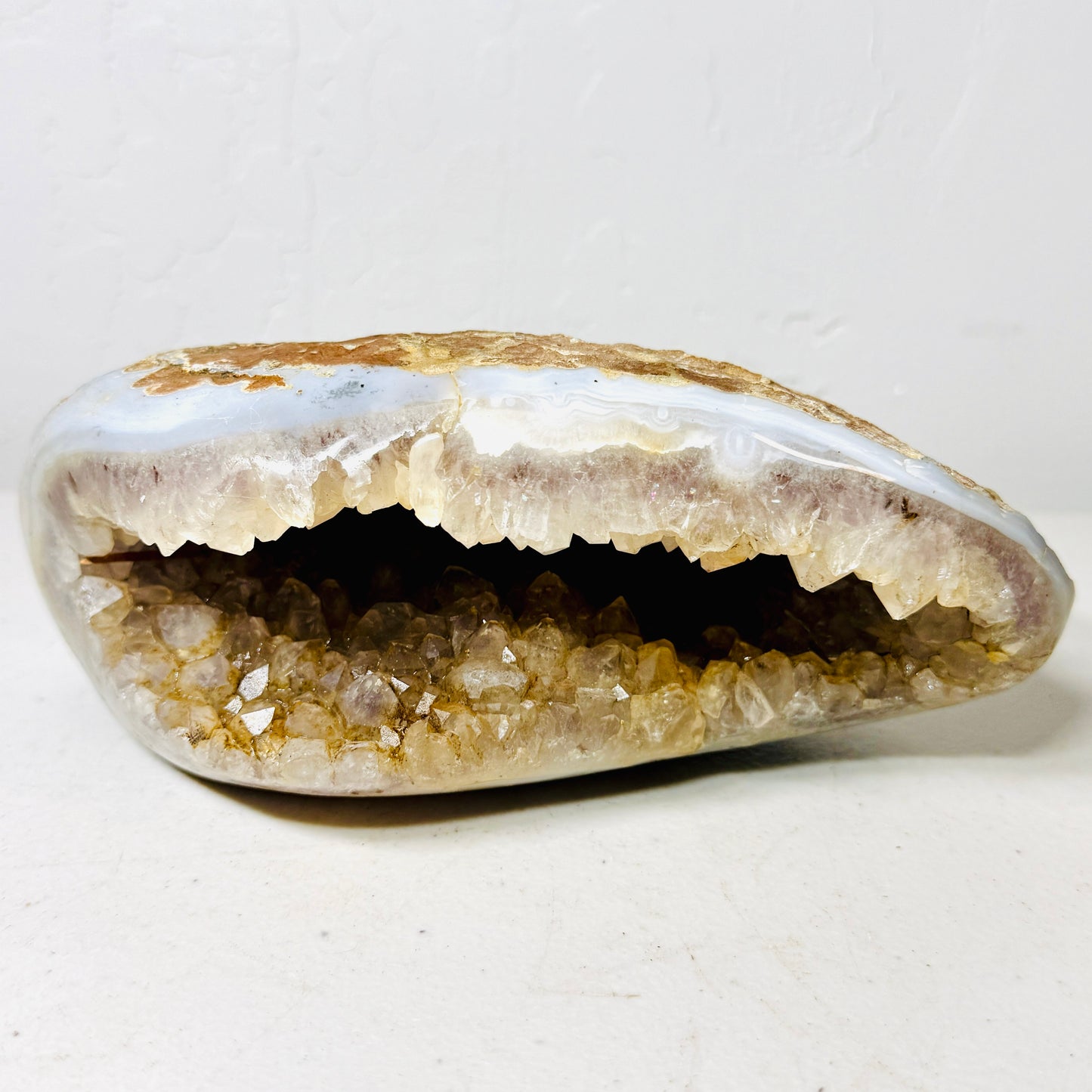 White Agate Geode with Wide Druzy Cavity & Translucent Crystals – 3.1 lbs Statement Freeform