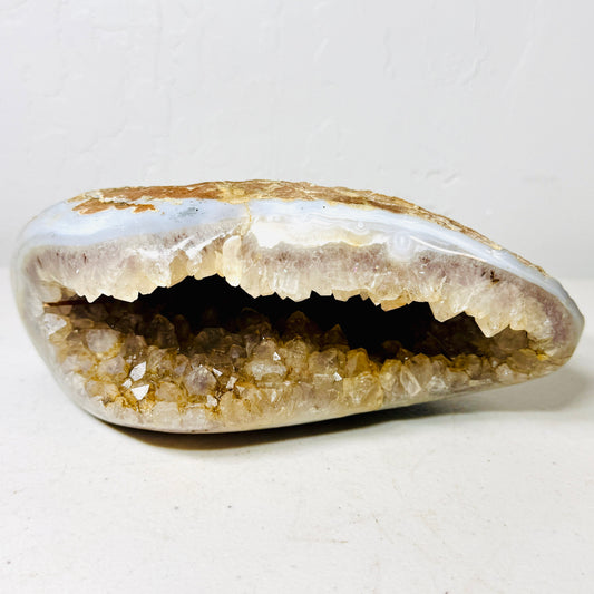 White Agate Geode with Wide Druzy Cavity & Translucent Crystals – 3.1 lbs Statement Freeform