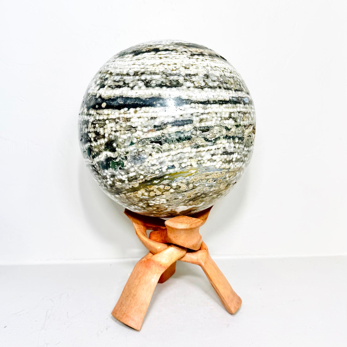 Rare 10-Inch Ocean Jasper Sphere – Dark Green & White Orbicular Patterns with Natural Cavities – Luxury Collectible & Statement Décor