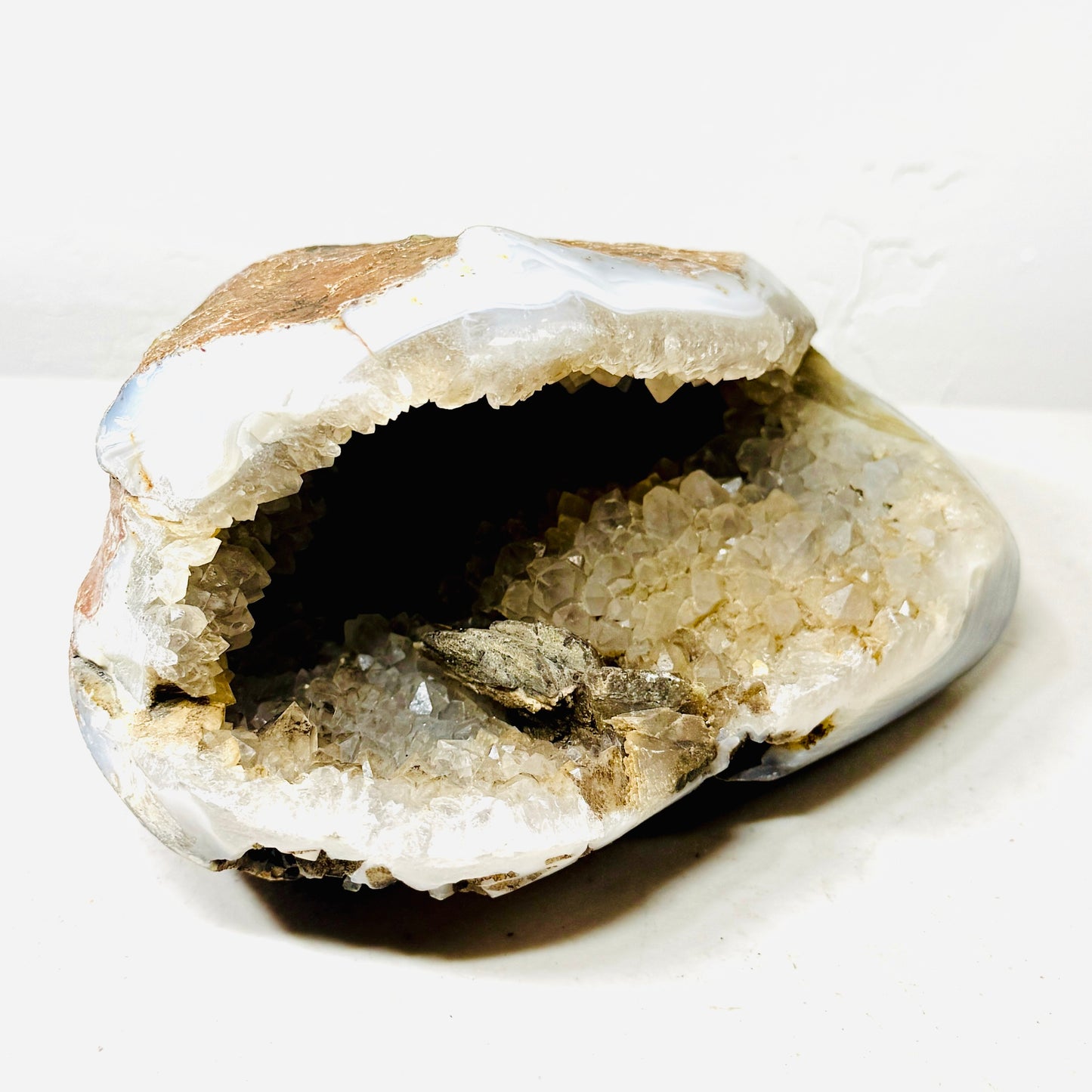 Natural Agate Geode with Translucent White Quartz Druzy Cavity – Freeform Display Specimen (3.1 lbs)