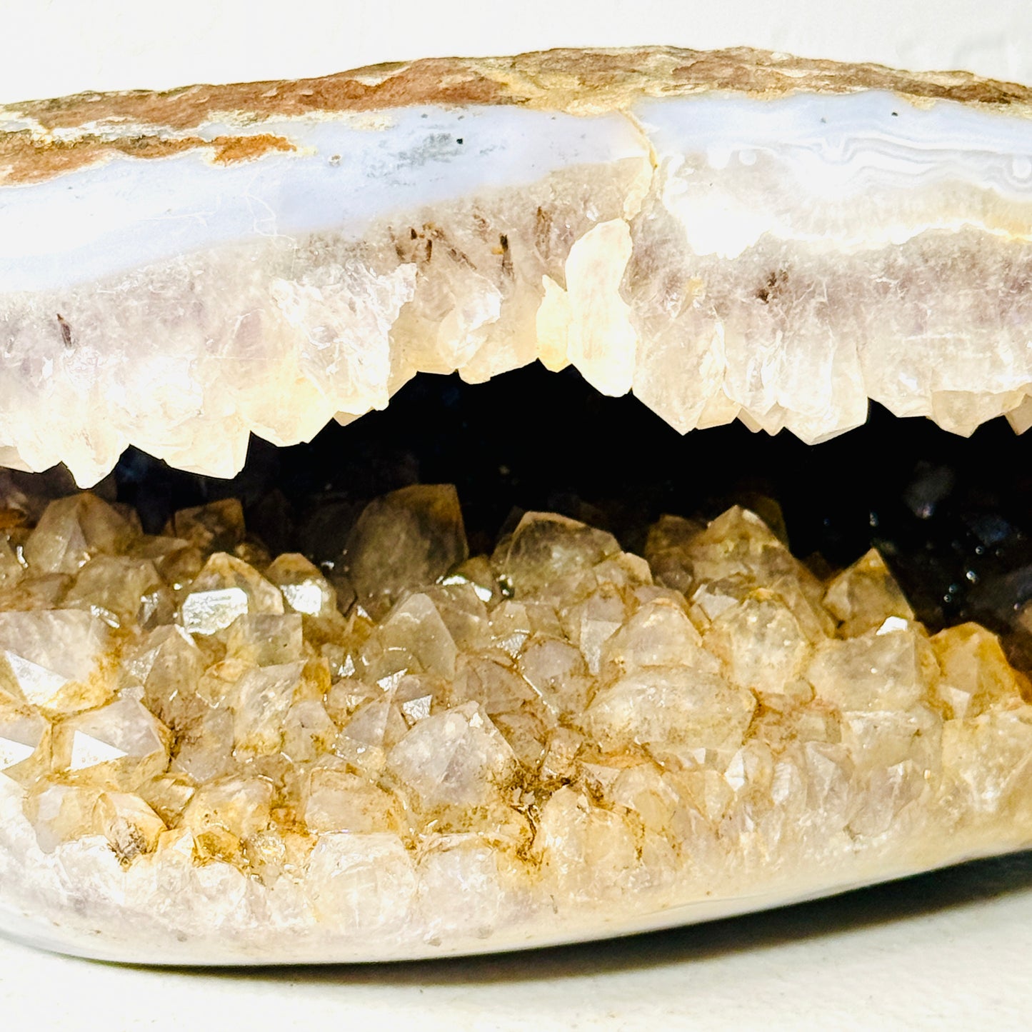 White Agate Geode with Wide Druzy Cavity & Translucent Crystals – 3.1 lbs Statement Freeform