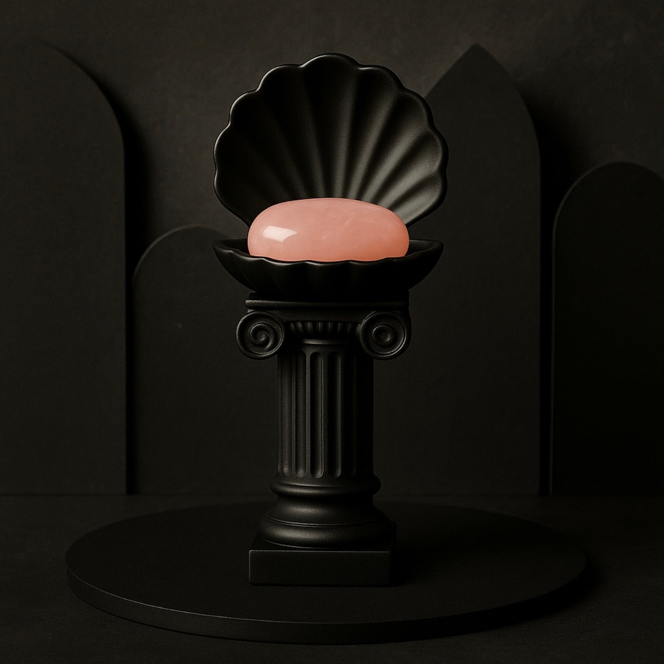 Black Gothic Clam Shell Crystal Pebble Holder – Dark Stone Like 3D Pedestal by KREATEUR Studio (Beta)