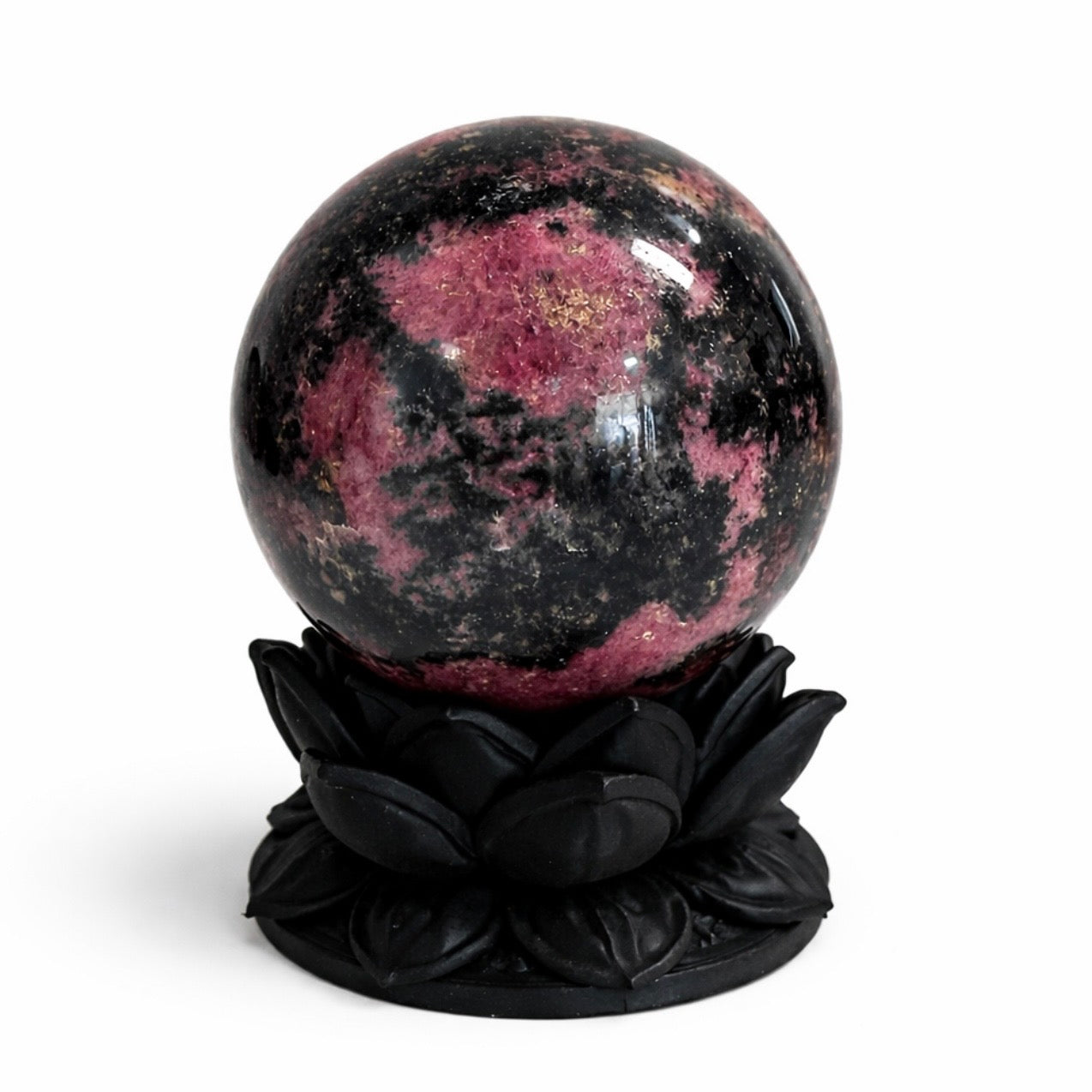 Rhodonite Sphere with Dark Lotus Stand | Handcrafted by Kreateur Studio