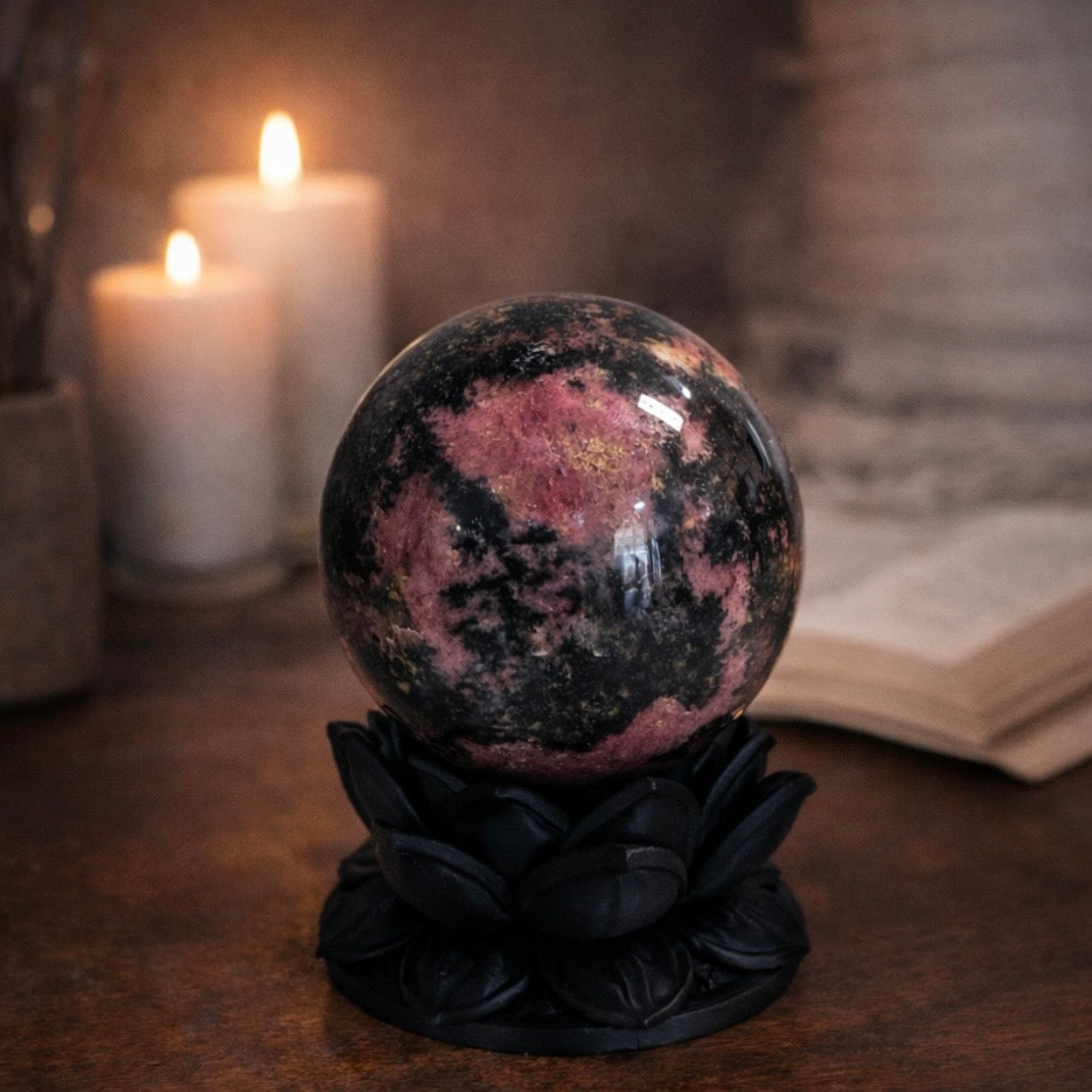 Rhodonite Sphere with Dark Lotus Stand | Handcrafted by Kreateur Studio