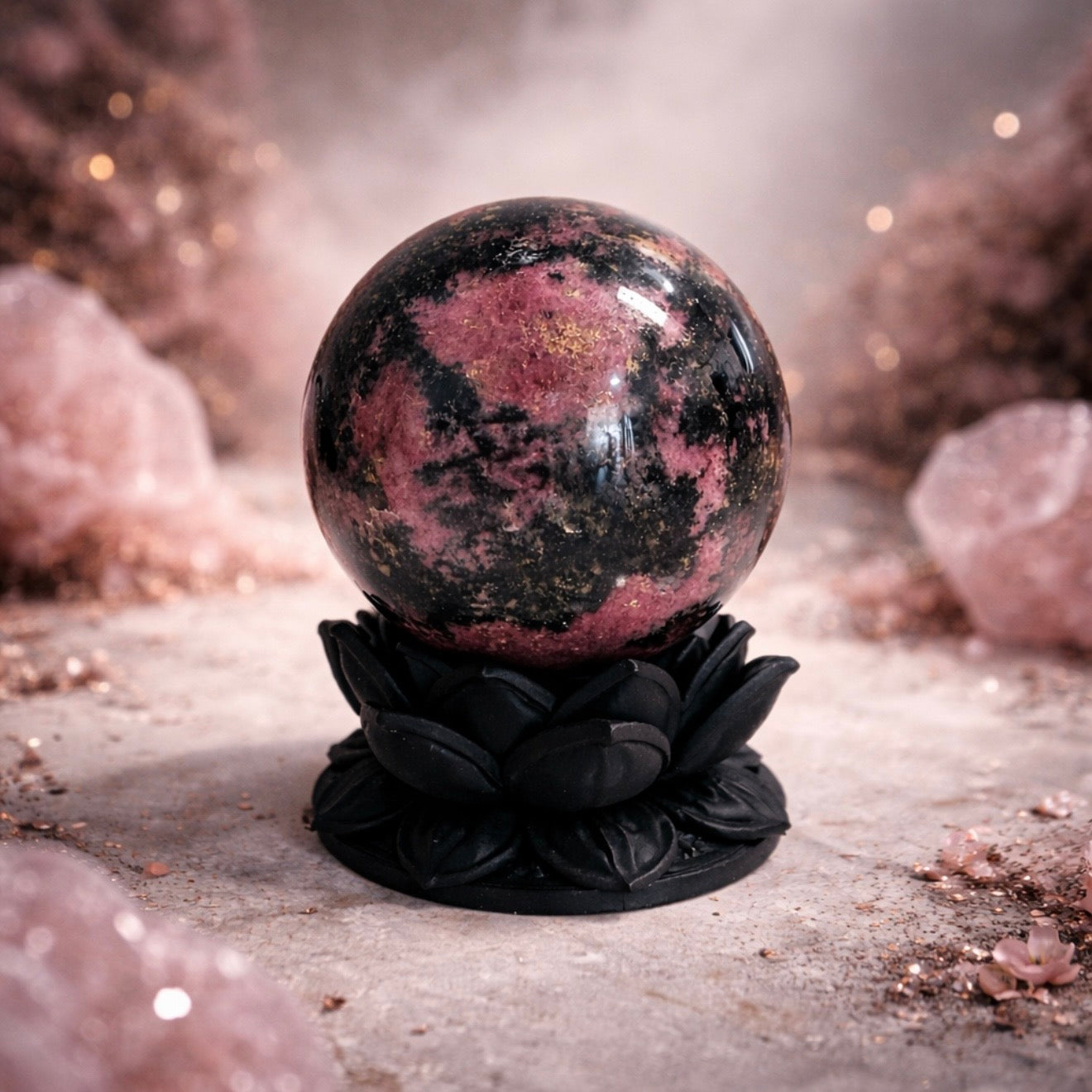 Rhodonite Sphere with Dark Lotus Stand | Handcrafted by Kreateur Studio