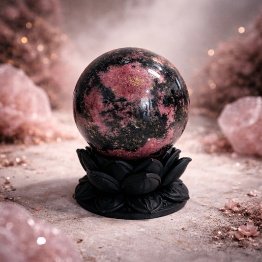 Rhodonite Sphere with Dark Lotus Stand | Handcrafted by Kreateur Studio